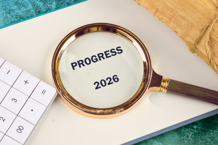 Magnifying glass focuses on the word PROGRESS and the year 2026 sitting on a notebook. Beside it, there is a calculator and piece of wood rolled up with twine.の写真素材