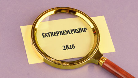 A magnifying glass focuses on a note that reads ENTREPRENEURSHIP 2026. This highlights examination...