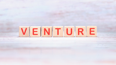 Wooden toy blocks spell out the word VENTURE in red letters against a light background. This creates a concept for business, risk, opportunity, and new projects.の写真素材