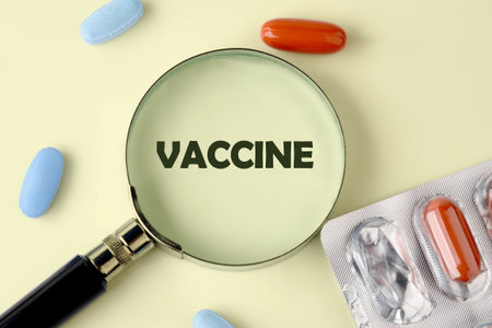 A magnifying glass focuses on the word vaccine, surrounded by colorful pills and a blister pack. This scene emphasizes the significance of health and immunization in society today.の写真素材