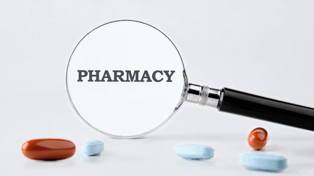 A magnifying glass focuses on the bold word pharmacy, surrounded by a variety of colorful pills including blue, red, and orange, set against a plain background.の写真素材