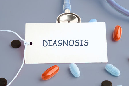 A stethoscope rests beside an identification card labeled diagnosis, as various colored pills surround it, highlighting the importance of medical evaluations and treatment options.の写真素材