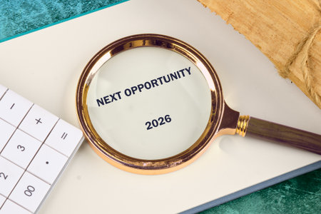 A magnifying glass highlights the words next opportunity 2026 on a notebook, symbolizing future...