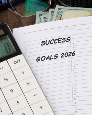 A calculator sits next to a notepad filled with the words success and goals for 2026, symbolizing careful planning for future achievements and financial success.の写真素材