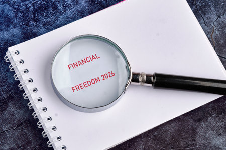 A magnifying glass highlights the words financial freedom 2026 on a blank notebook, symbolizing...