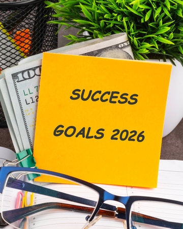 An eye-level still life presents money, glasses, a plant, and a note labeled SUCCESS GOALS 2026 resting on a notebook, symbolizing wealth aspirations and strategic planning.の写真素材