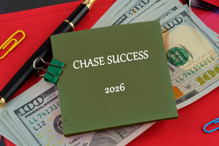On a bright red surface, a green notebook titled Chase Success rests next to rolled hundred-dollar...