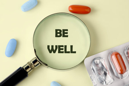 A magnifying glass highlights the phrase BE WELL amidst vibrant capsules of various colors. The warm background adds a soothing touch to the message of health and positivity.の写真素材