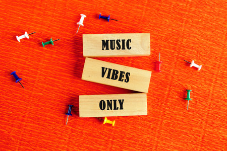 Wooden blocks spell out music vibes only, creating a fun and inviting atmosphere. Bright push pins...