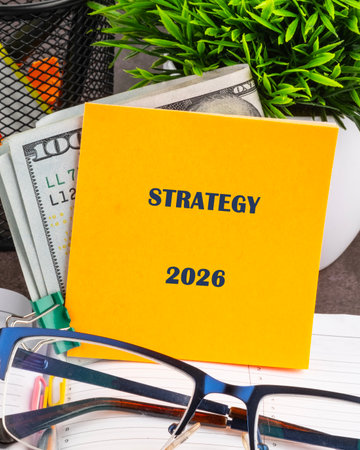 A yellow sticky note that reads Strategy 2026 sits atop a notebook with money. Eyeglasses are in the foreground, and a small green plant adds a touch of nature.の写真素材