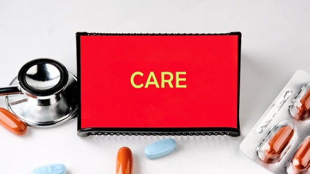 A stethoscope, several pills, and a red sign that says CARE are arranged on a white surface. They suggest ideas of medicine, health, and patient wellness.の写真素材
