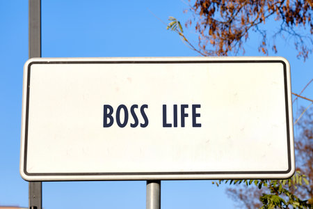 A white road sign with rounded corners displays the words Boss Life in dark blue lettering, set against a backdrop of a bright blue sky and some trees.の写真素材