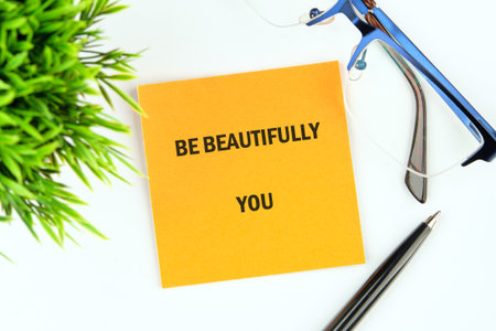 A vibrant yellow sticky note emphasizes self-acceptance with the message on it. Surrounding it are...