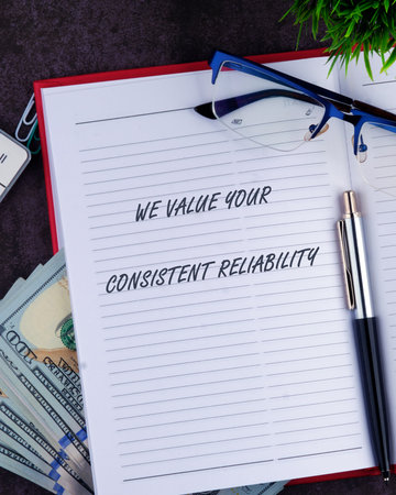 A notebook lies open, featuring the inscription We Value Your Consistent Reliability. Nearby are eyeglasses, currency notes, and a sleek pen on a textured surface.の写真素材