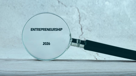 A magnifying glass focuses sharply on the word Entrepreneurship and the year 2026, resting on a...