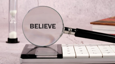 A magnifying glass centers on the word BELIEVE, resting gently on a calculator. An hourglass with...