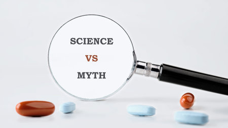 Magnifying SCIENCE VS MYTH near medical capsules. The quest for factual health understanding.