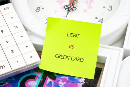 A bright green sticky note contrasts with a white calculator and clock, highlighting the comparison between debit and credit cards in a lively, organized workspace.