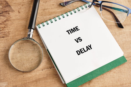 A notebook shows the words time vs delay next to a magnifying glass and glasses on a wooden table. The items suggest a focus on analysis and observation.