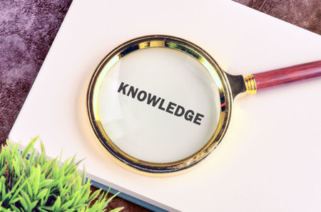 A magnifying glass rests on a notebook displaying the word knowledge. A small green plant is placed beside the notebook on a wooden table.