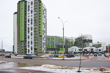 Modern apartment buildings in the New Borovaya district in Minsk, Belarus.のeditorial素材