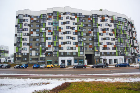 Modern apartment buildings on the New Borovaya district in Minsk, Belarus.のeditorial素材