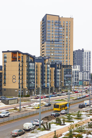The modern architecture of the New Borovaya district in Minsk, Belarus.のeditorial素材