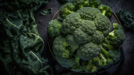 Fresh green broccoli on dark background. Top view. Copy space.の素材