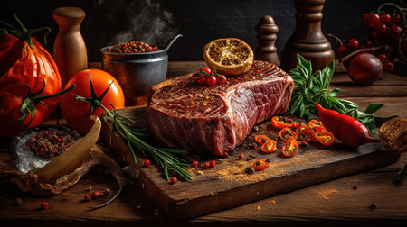 Big steak is prepared on hot grill, tasty meat on grillの素材