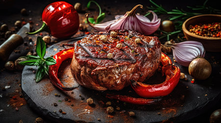 Big steak is prepared on hot grill, tasty meat on grillの素材