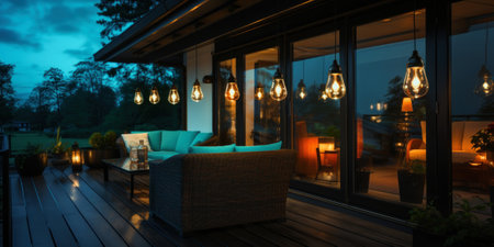 Luxury terrace with furniture and lighting at night in the gardenの素材