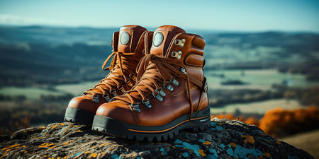 a pair of shoes on a rock, on a mountainの素材