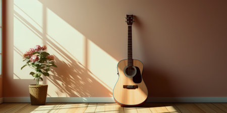 3d rendering of an acoustic guitar in a room with a windowの素材