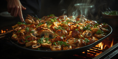 hand cooking mushrooms on a potの素材