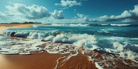 A serene beach at sunset is a tranquil and picturesque scene, where the calmness of the sea meets the warm, fading hues of the sun. The gently rolling waves create a soothing soundtrack, and the golden light casts a soft, romantic glow over the sand and water, making it a perfect setting for relaxation and reflectionの素材