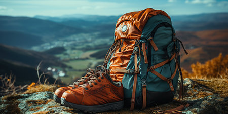 Hiking boots and backpack on the top of the mountain. Travel and adventure concept.の素材