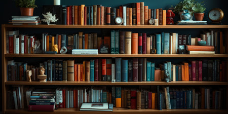 Bookshelves with books and decorations. Bookshelves with books and decorations.の素材