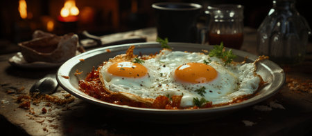 Fried eggs in a frying pan on a dark wooden table.の素材