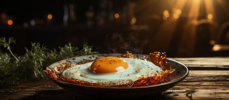 Fried egg on a plate on a wooden table in a restaurantの素材