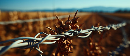 Barbed wire in the field. Selective focus on the barbed wire.の素材
