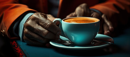 Close up of a senior man's hands holding a cup of coffeeの素材