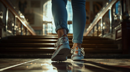 Feet of young woman in sneakers standing on stairs in hall.の素材