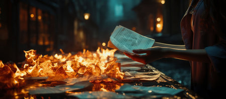 Woman reading a book on the street of the city at night.の素材