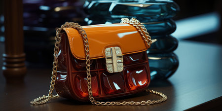 Orange leather handbag on a table in a luxury jewelry store.の素材