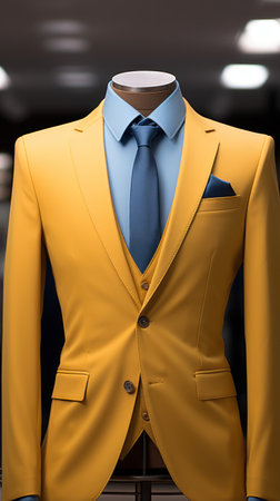 Mannequin dressed in yellow suit and blue tie on mannequinの素材