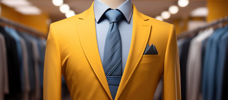 Close-up of a yellow suit on a mannequin.の素材