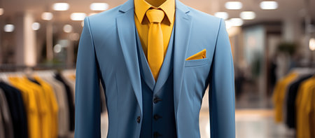 Men's blue suit and yellow tie on a mannequin.の素材