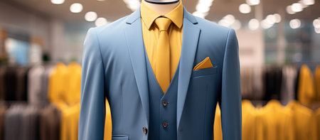 Mannequin wearing blue suit and yellow shirt in the store.の素材