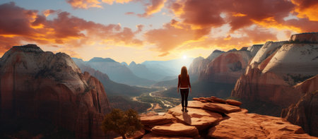 Hiking in Zion National Park, Utah, USA. Woman hiker standing on top of a rock looking at the sunsetの素材