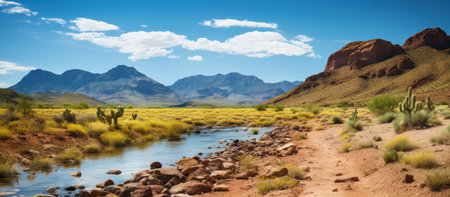 Landscape of the Arizona desert with cactuses and mountains.の素材